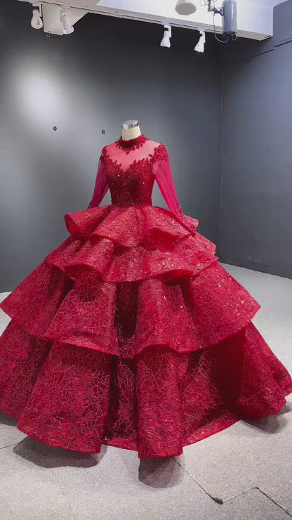 Modest High Neck Red Wedding Dress Long Sleeve Layered Ball Gown 67498