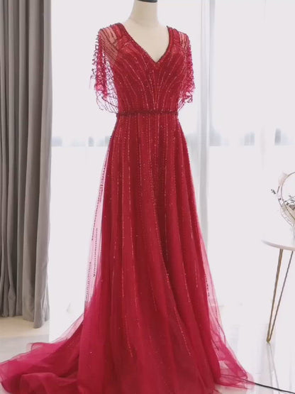 <transcy>Vestidos de fiesta con cuentas plateadas brillantes Vestido formal con manga casquillo FD2384</transcy>