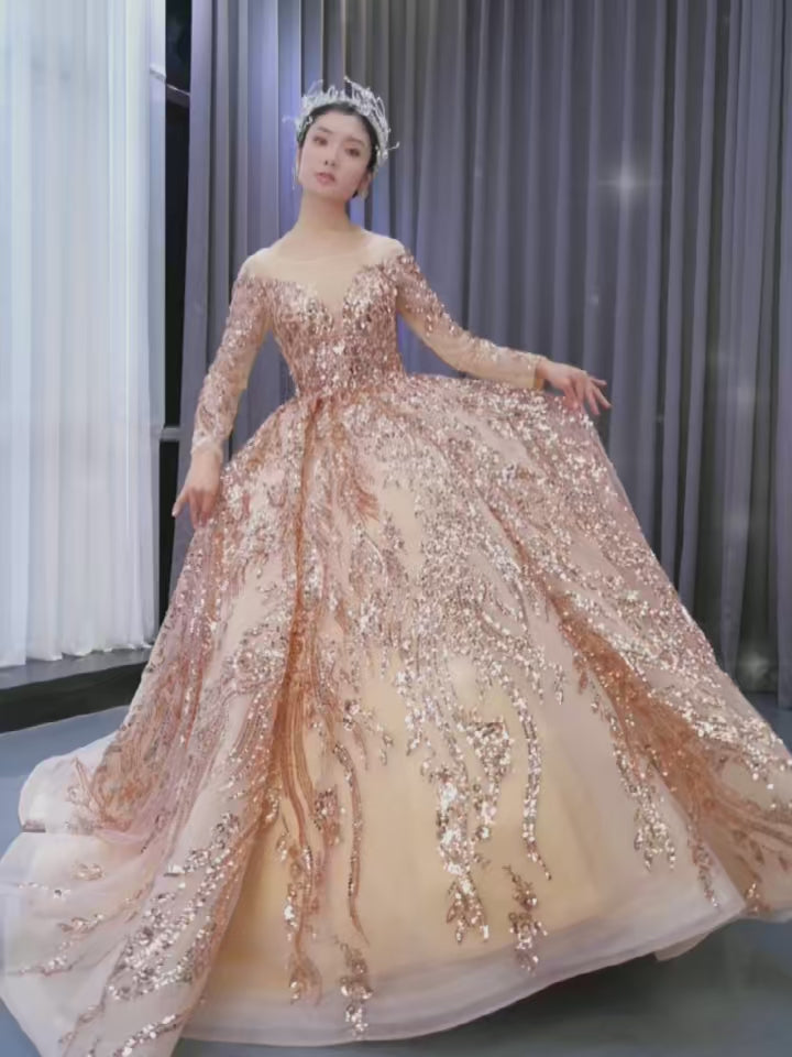 rose gold bridal dress Strapless Sweetheart Sparkly A-line Long Prom Dress, PD3378 AlineBridal 12 to 15 days Customized Our beautiful Umsha bride glowed