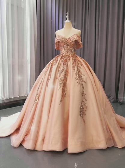 Blush Pink Sweet 16 Dress Off Shoulder Cinderella Ball Gown Wedding Dresses 222201