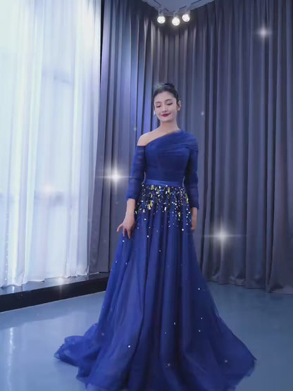 Long Sleeve Dark Blue Formal Dresses A-line Pageant Dress 67556