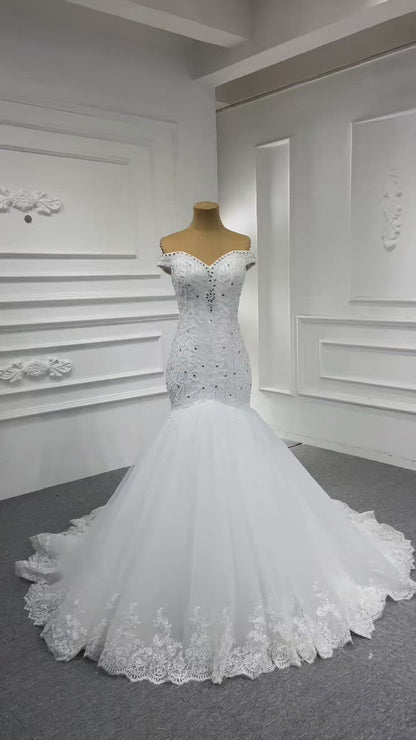 Robe de concours de sirène rouge à épaules dénudées, robes de mariée perlées 67150