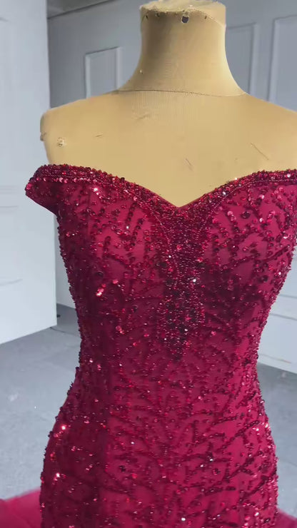 Robe de concours de sirène rouge à épaules dénudées, robes de mariée perlées 67150