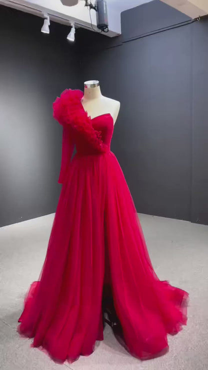 Red Tulle Formal Dress One Shoulder Long Sleeve Prom Dresses 67449