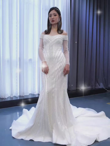 Robes de mariée sirène perlées à manches longues Viniodress 67314