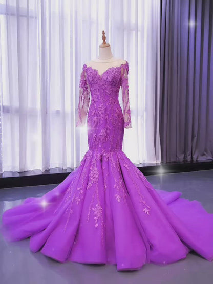 Vestidos de fiesta de sirena de encaje morado Vestido de desfile de manga larga viniodress