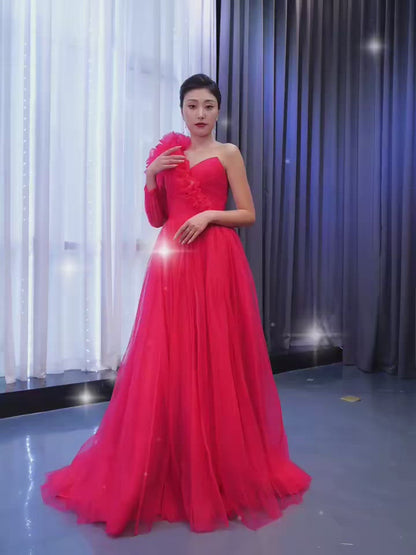 Red Tulle Formal Dress One Shoulder Long Sleeve Prom Dresses 67449
