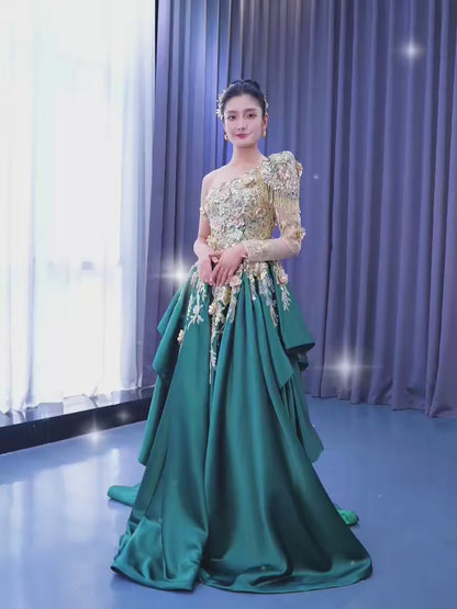 Vestido formal de una línea verde esmeralda Vestido de fiesta de graduación de manga larga con un hombro 67508