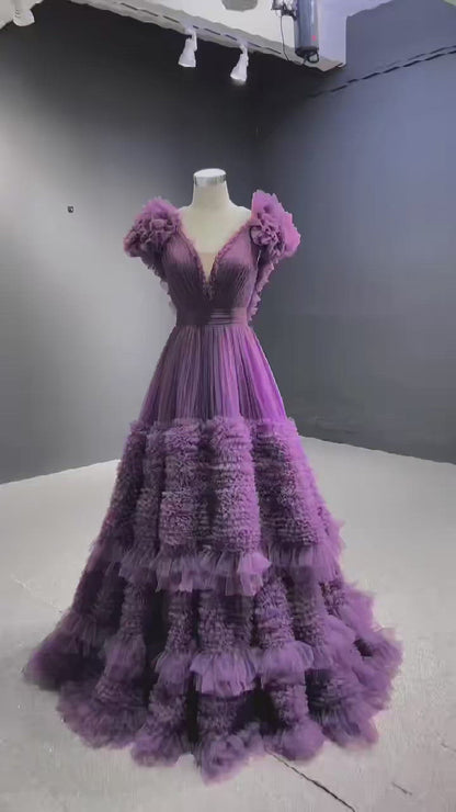 Ruffled Purple Formal Dress V-neck Layered Prom Dresses 67448