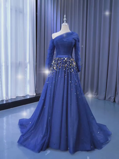 Long Sleeve Dark Blue Formal Dresses A-line Pageant Dress 67556