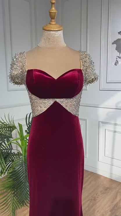 Beaded Burgundy Velvet Prom Dresses Sweetheart Neck Sheath Evening Dress 20028