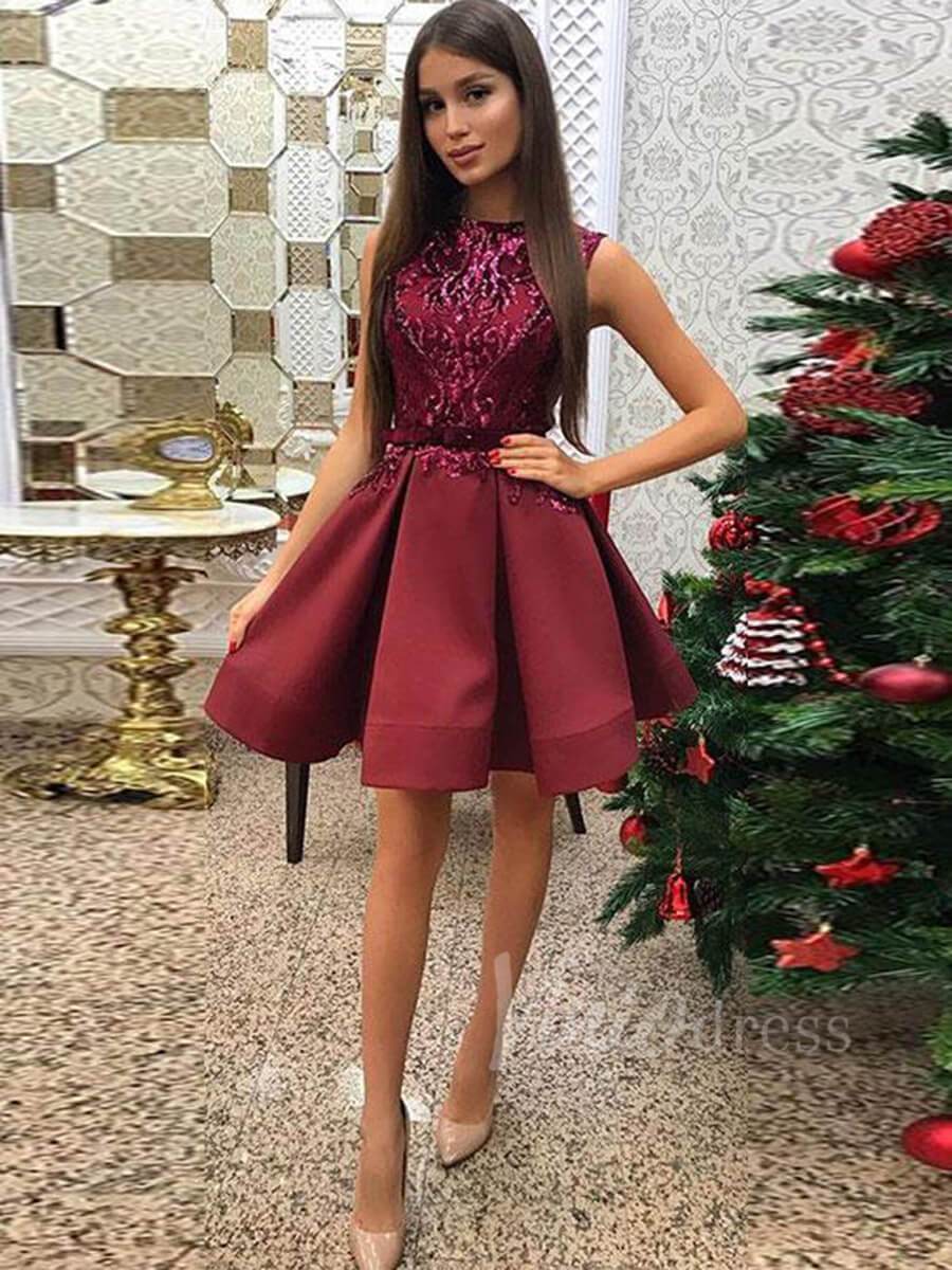 A Line Burgundy Cocktail Dress Short Maroon Graduation Dresses SD1200-homecoming dresses-Viniodress-Burgundy-Custom Size-Viniodress