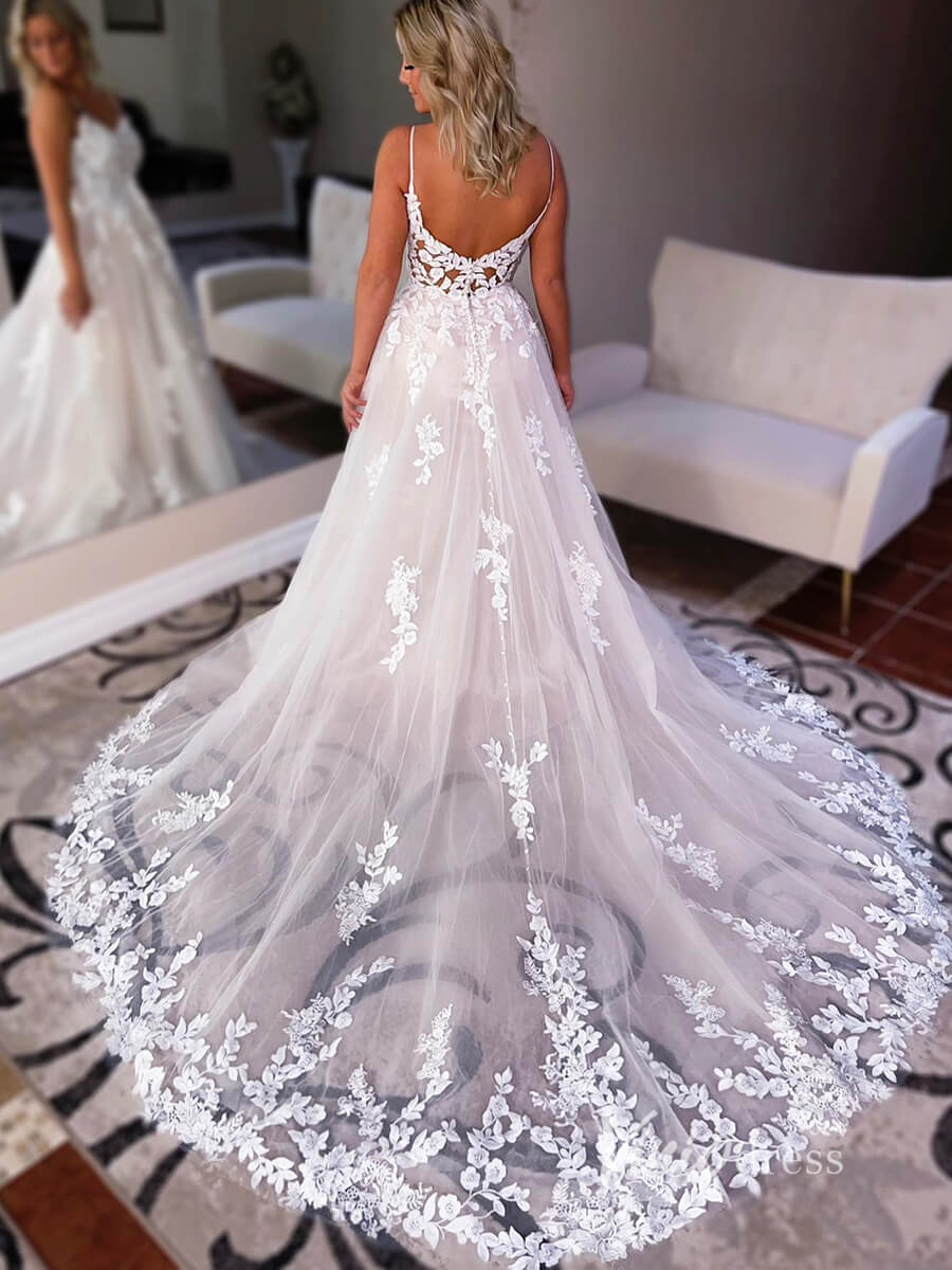 A-line Lace Appliqued Country Wedding Dress Spaghetti Strap Bridal Gown VW2078-wedding dresses 2025 -Viniodress-Champagne-Custom Size-