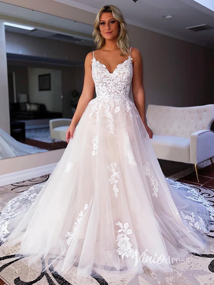 A-line Lace Appliqued Country Wedding Dress Spaghetti Strap Bridal Gown VW2078-wedding dresses 2025 -Viniodress-Champagne-Custom Size-