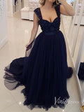 A-line Long Tulle Beaded Prom Dresses Navy Blue Formal Dress FD1320