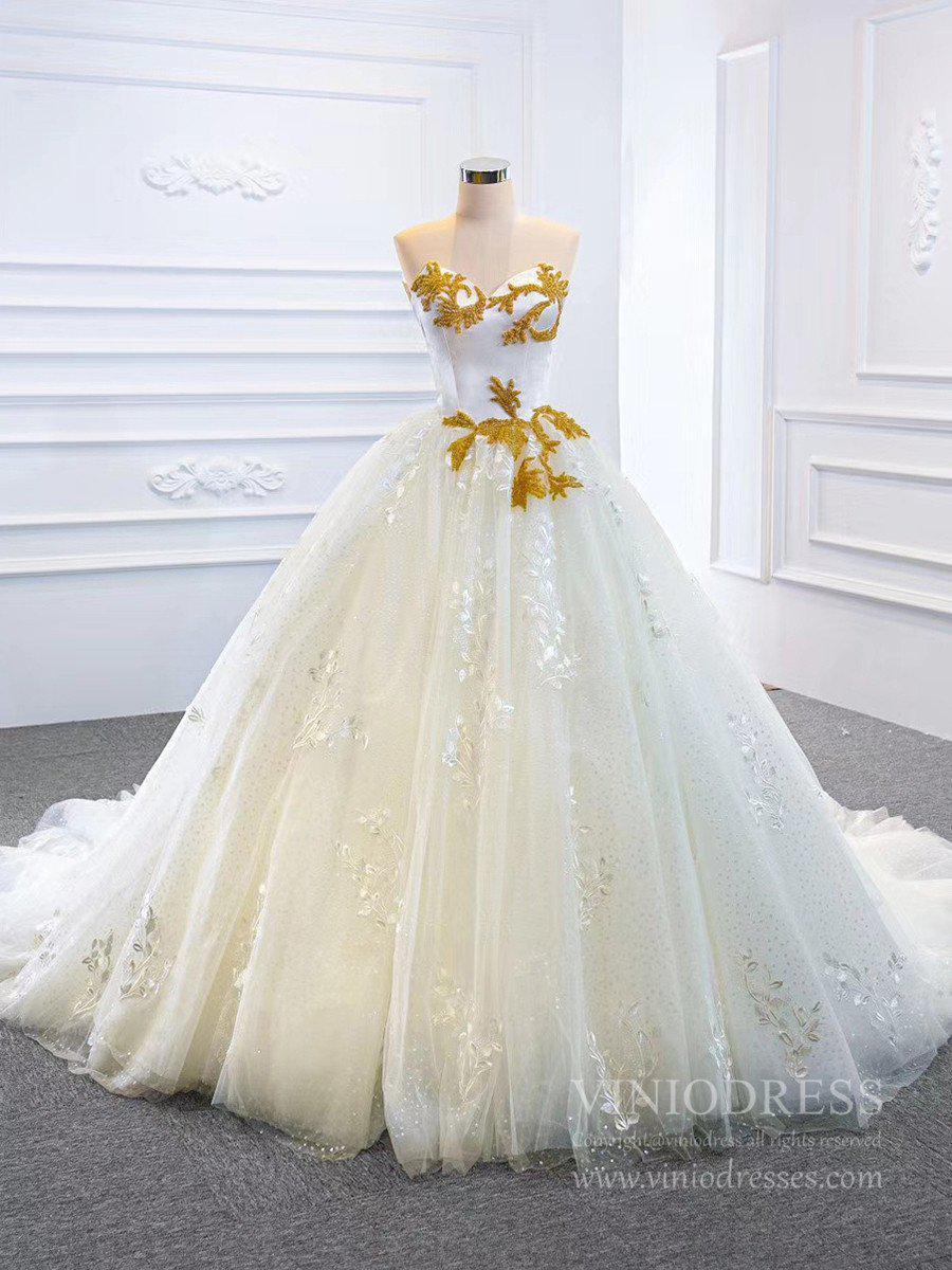 Ball Gown Strapless Wedding Dresses Gold Beaded Classy Wedding Gown VW1424-wedding dresses-Viniodress-Ivory-Custom Size-Viniodress