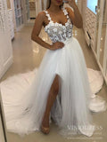 Beaded 3D Flower Wedding Dresses A-line Tulle Sexy Side Slit Bridal Dress FD2019