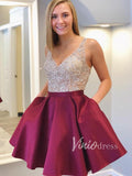 Beaded Burgundy Homecoming Dresses with Pockets SD1061