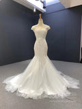 Beaded Cap Sleeve Mermaid Wedding Dresses Tulle Fit and Flare Dress VW1768