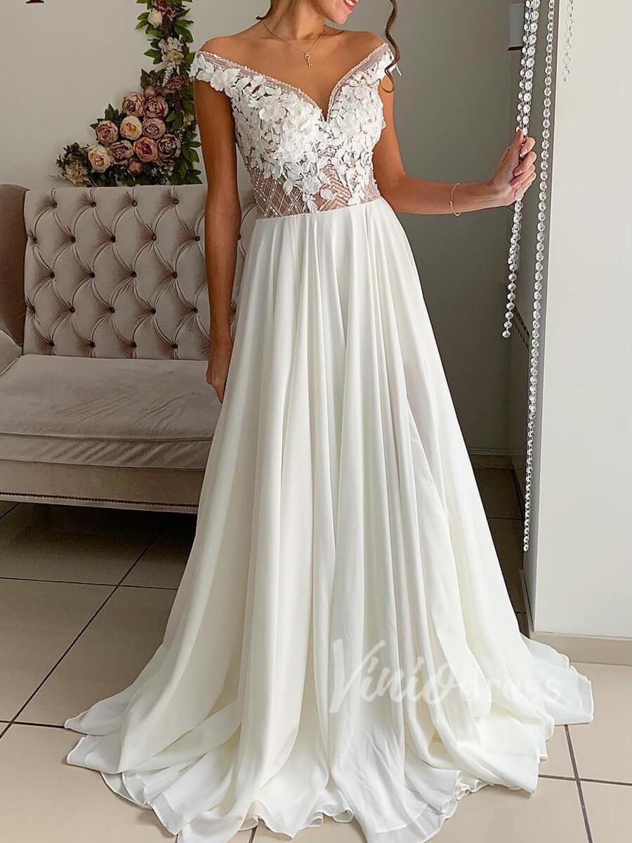 Beaded Chiffon Beach Wedding Dresses with Side Slit VW1260-wedding dresses-Viniodress-Ivory-Custom Size-Viniodress