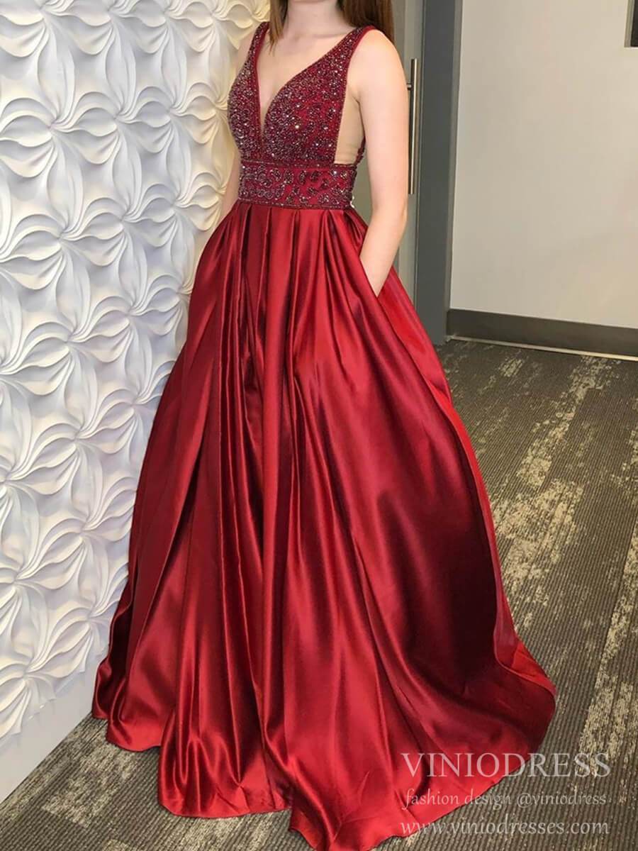 Beaded Dark Red Long Prom Dresses Deep V Neck Military Ball Gown FD1560-prom dresses-Viniodress-Dark Red-Custom Size-Viniodress