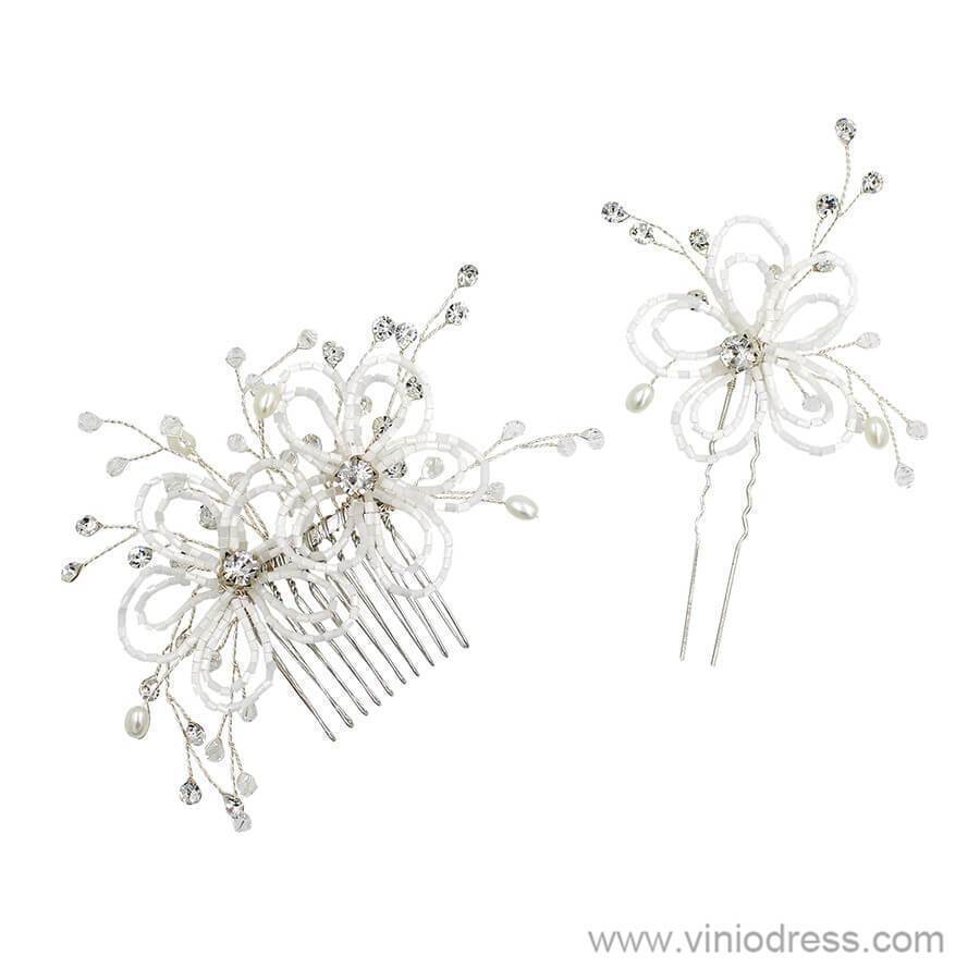 Beaded Floral Bridal Comb Silver Crystal Hairpin Viniodress ACC1131-Headpieces-Viniodress-Comb&Hairpin-Viniodress