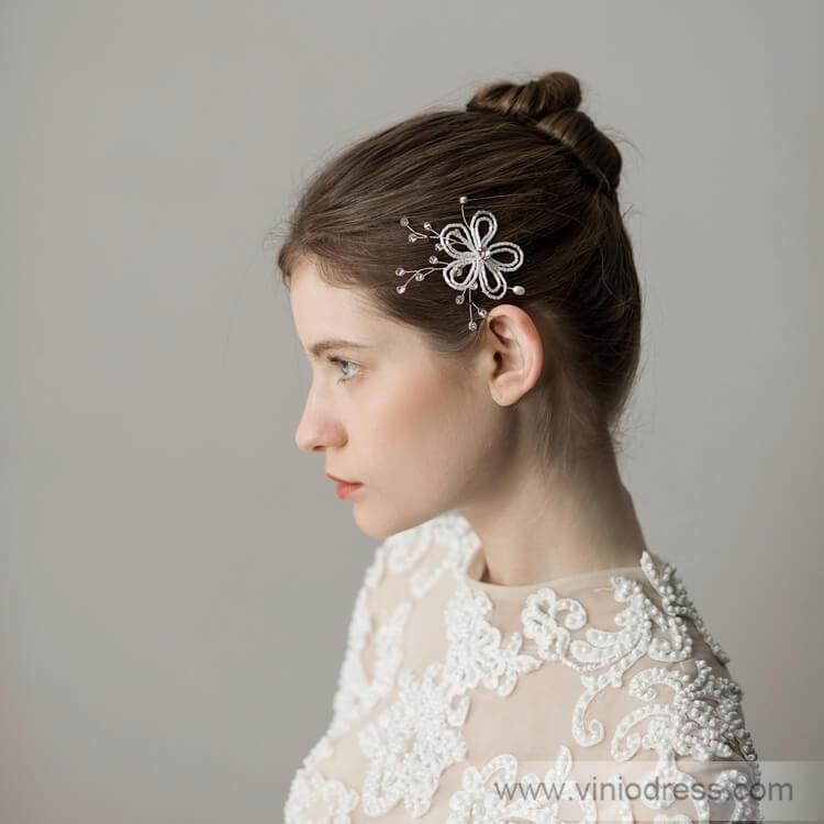 Beaded Floral Bridal Comb Silver Crystal Hairpin Viniodress ACC1131-Headpieces-Viniodress-Hairpin-Viniodress