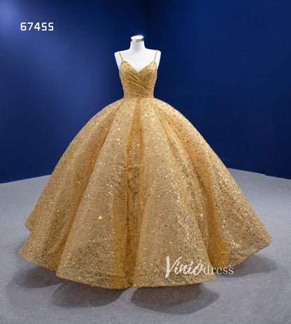 Beaded Gold Wedding Dresses Spaghetti Strap Ball Gown 67455-Quinceanera Dresses 2025 -Viniodress-Gold-Custom Size-