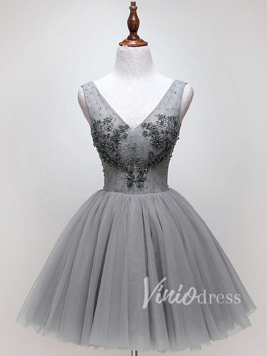 Beaded Gray Tulle Homecoming Dresses V Neck SD1172-homecoming dresses-Viniodress-Grey-Custom Size-Viniodress