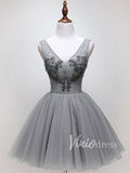 Beaded Gray Tulle Homecoming Dresses V Neck SD1172