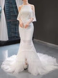 Beaded Lace Halter Boho Wedding Dresses High Low Mermaid Dress VW1383