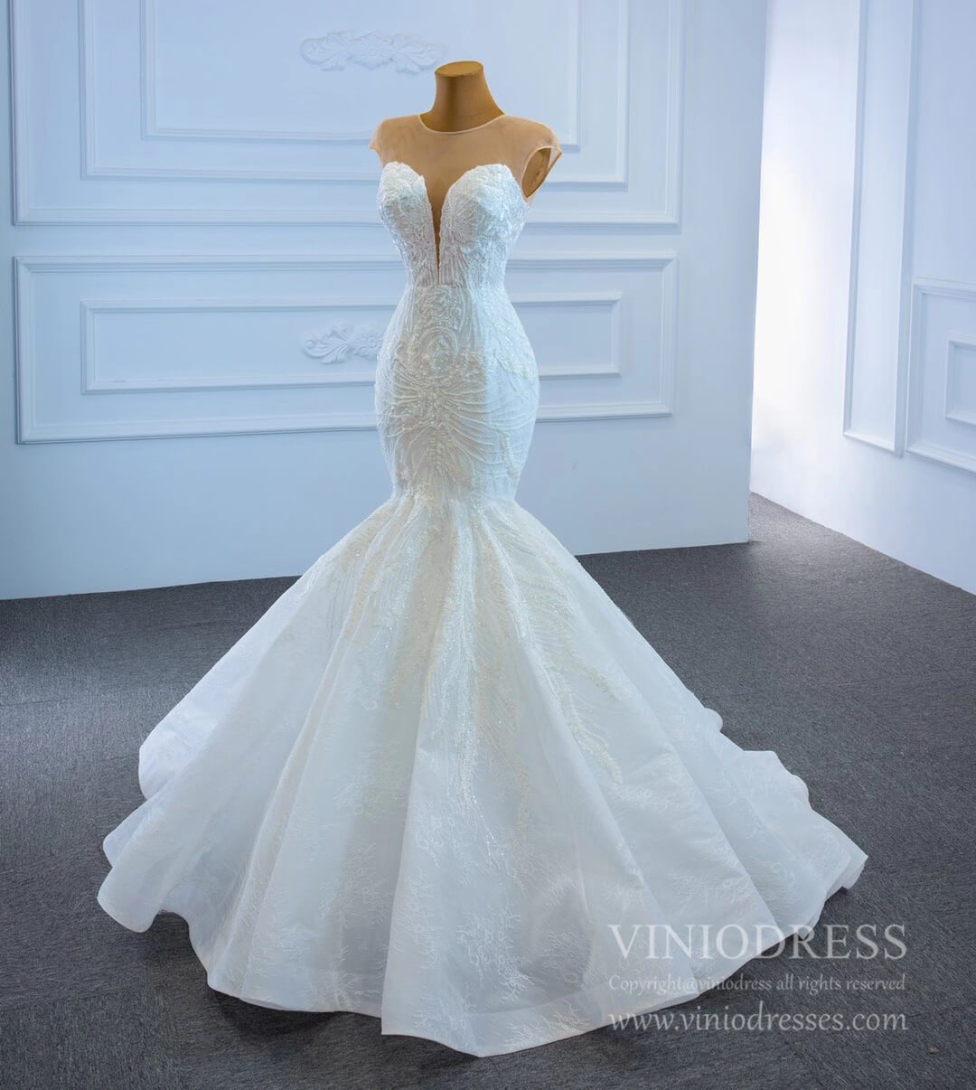 Beaded Mermaid Lace Wedding Dresses Cap Sleeve Fit and Flare Dress 67213-wedding dresses 2025 -Viniodress-Ivory-Custom Size-