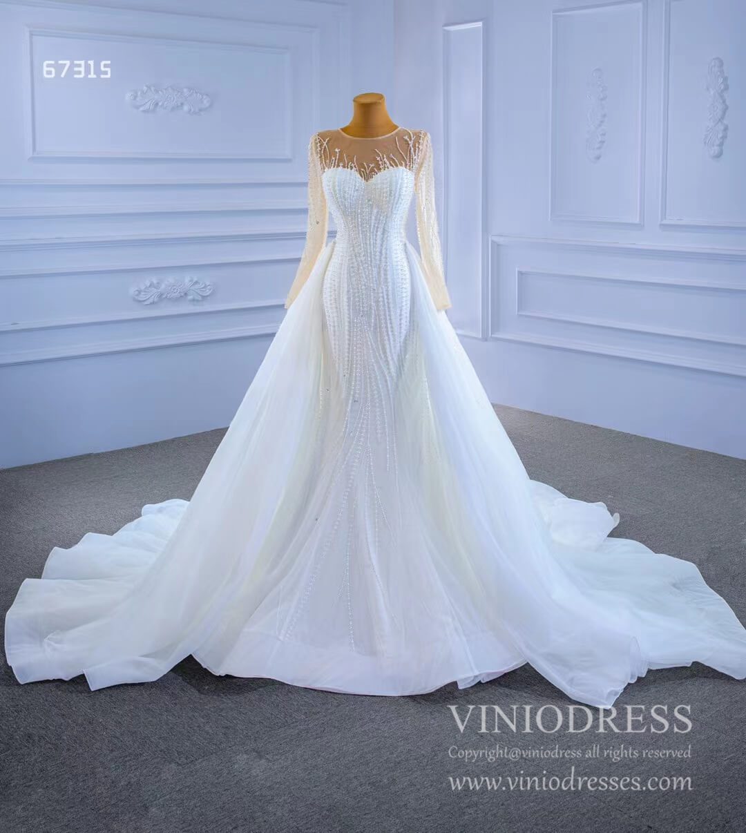 Beaded Mermaid Overskirt Wedding Dresses with Long Sleeves 67315-wedding dresses 2025 -Viniodress-As Picture-Custom Size-