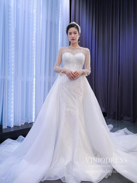 Beaded Mermaid Overskirt Wedding Dresses with Long Sleeves 67315-wedding dresses 2025 -Viniodress-As Picture-Custom Size-