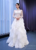Beaded Mock Neck Sheath Tulle Wedding Dresses with Long Sleeves 67115