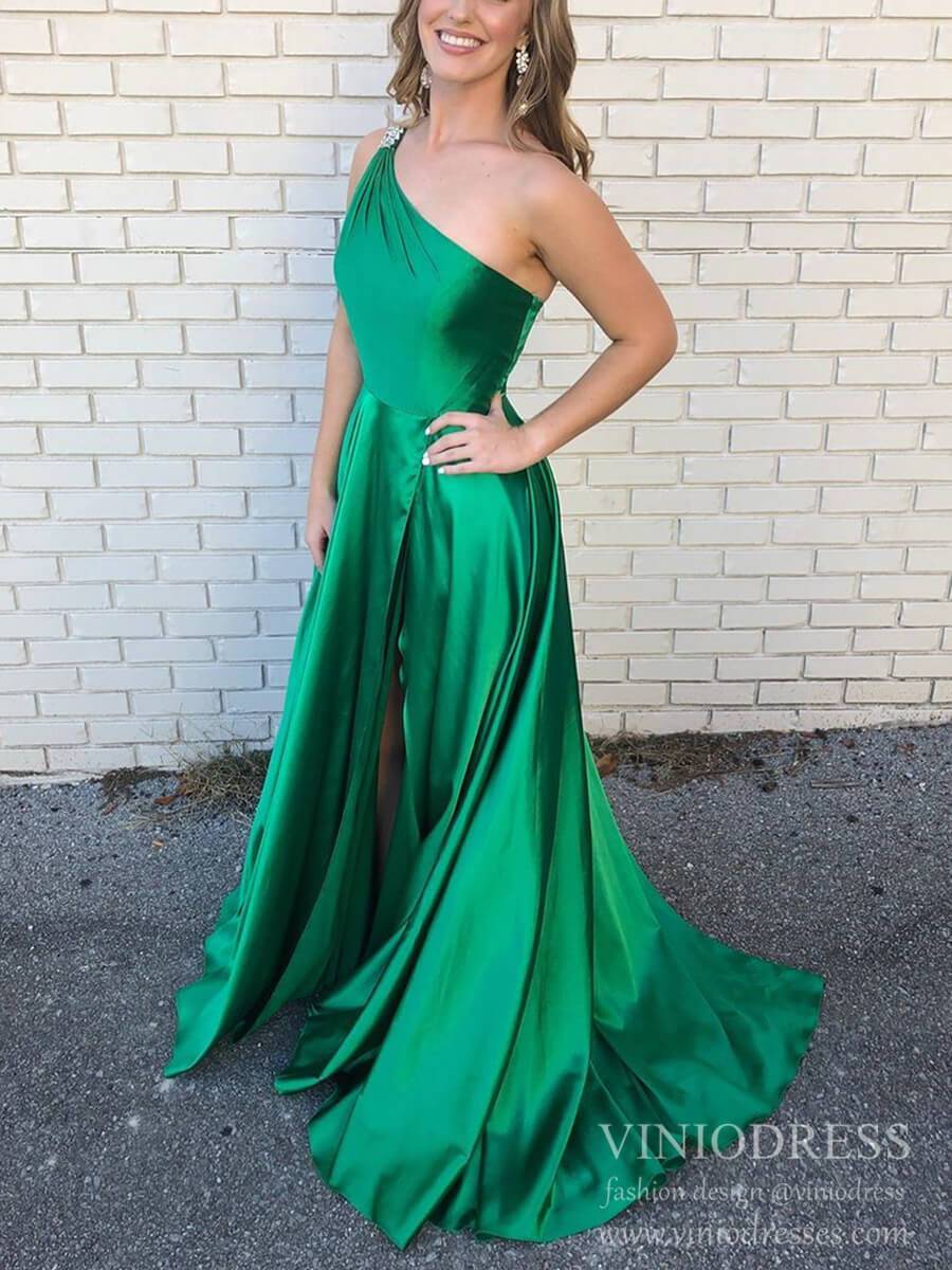 Beaded One Shoulder Green Satin Prom Dresses with Side Slit FD2116-prom dresses-Viniodress-Green-Custom Size-Viniodress