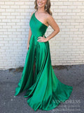 Beaded One Shoulder Green Satin Prom Dresses with Side Slit FD2116