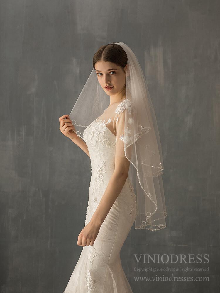 Beaded Short Blusher Veil Elegant Bridal Veils AC1244-Veils-Viniodress-Ivory-Viniodress