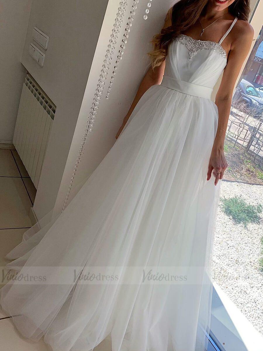 Beaded Spaghetti Strap Beach Wedding Dresses Cheap Tulle Bridal Dress VW1354-wedding dresses-Viniodress-Ivory-Custom Size-Viniodress