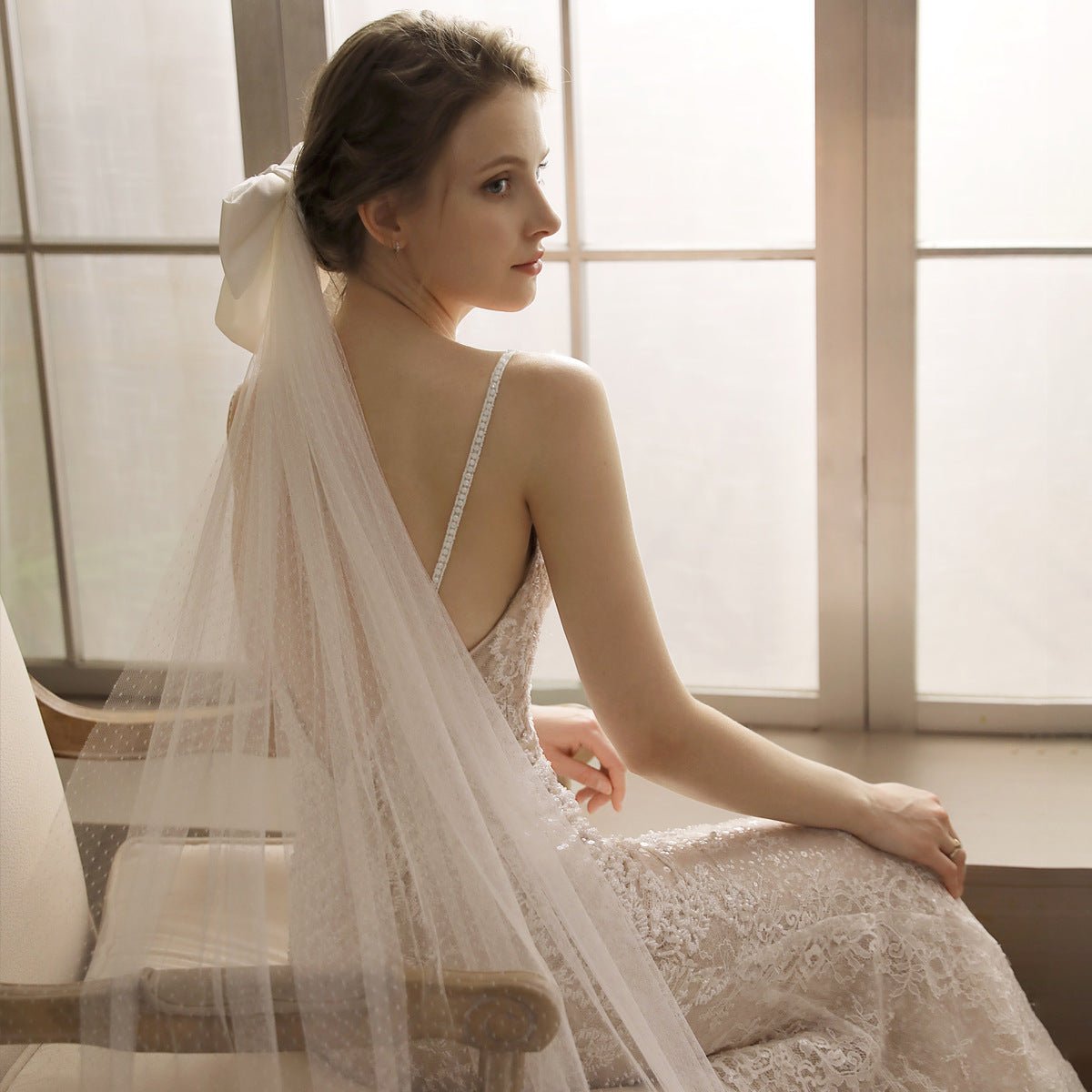 Big Bow Long Chapel Length Veil-Accessories 2025 -Viniodress-Ivory-