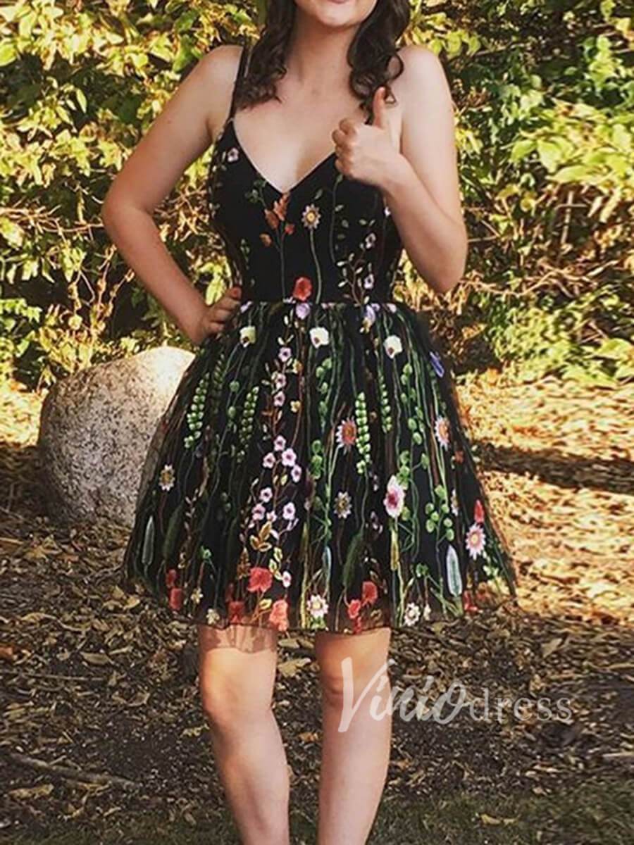 Black Floral Homecoming Dresses Spaghetti Strap SD1082-homecoming dresses-Viniodress-Black-Custom Size-Viniodress