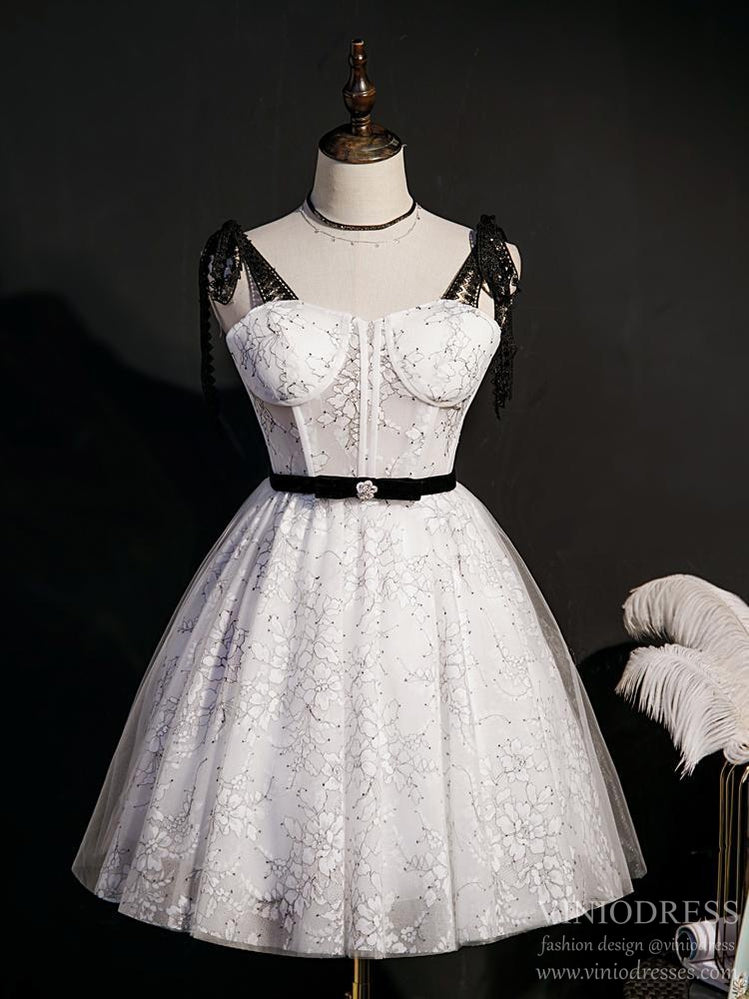 Black and White Floral Lace Homecoming Dresses with Bow SD1367-Homecoming Dresses-VINIODRESS-US2-Black-Viniodress