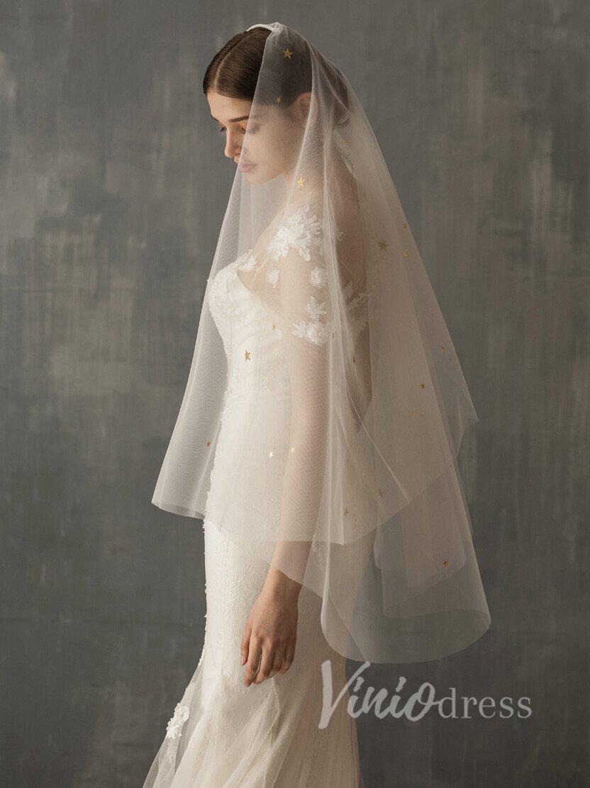 Bridal Drop Veils with Glittery Stars AC1006-Veils-Viniodress-Ivory-Viniodress