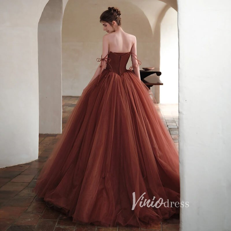 Brown Tulle Ball Gown Vintage Chocolate Quince Dress FD2788 – Viniodress