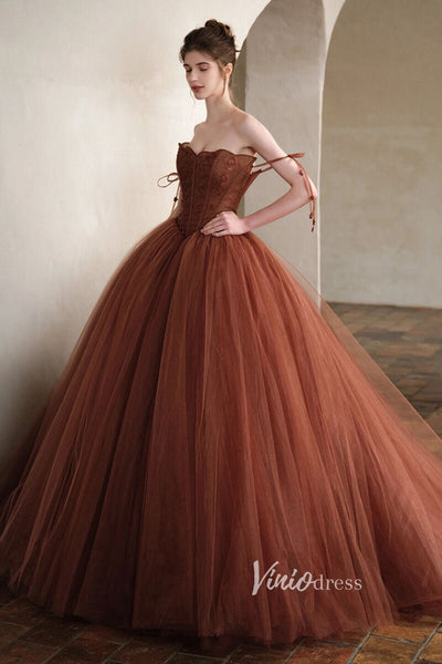 Brown Tulle Ball Gown Vintage Chocolate Quince Dress FD2788 – Viniodress