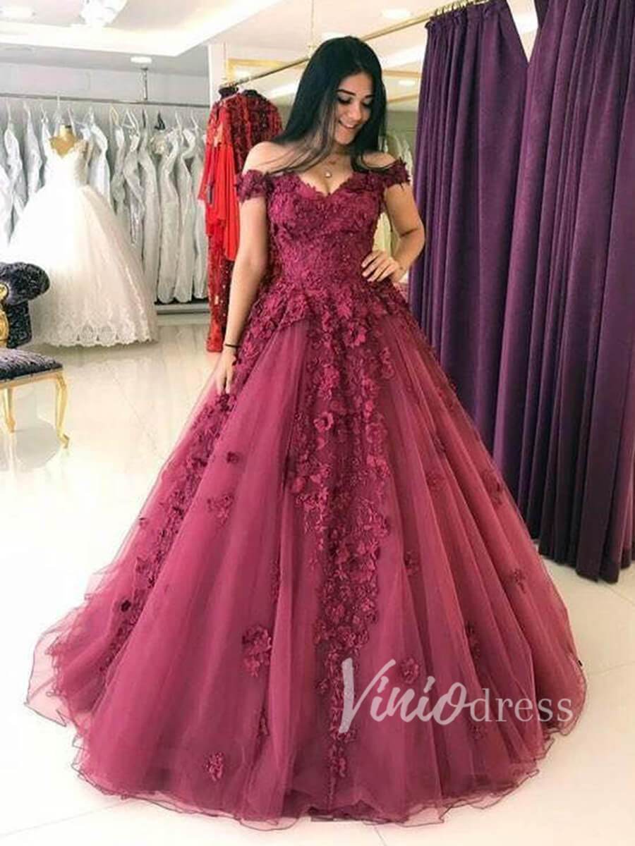 Burgundy Floral Ball Gown Prom Dresses FD1495-prom dresses-Viniodress-Burgundy-Custom Size-Viniodress