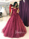 Burgundy Floral Ball Gown Prom Dresses FD1495