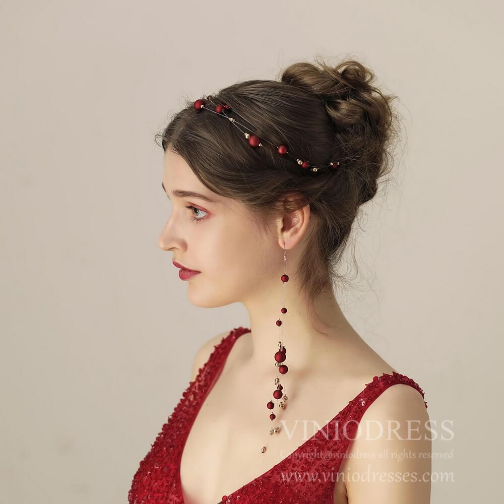 Burgundy Headband and Eearrings Set AC1107-Headpieces-Viniodress-Headband&Earrings-Viniodress