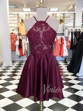 Burgundy Lace & Satin Homecoming Dresses with Straps SD1234