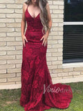 Burgundy Mermaid Lace Prom Dresses with Straps FD1594